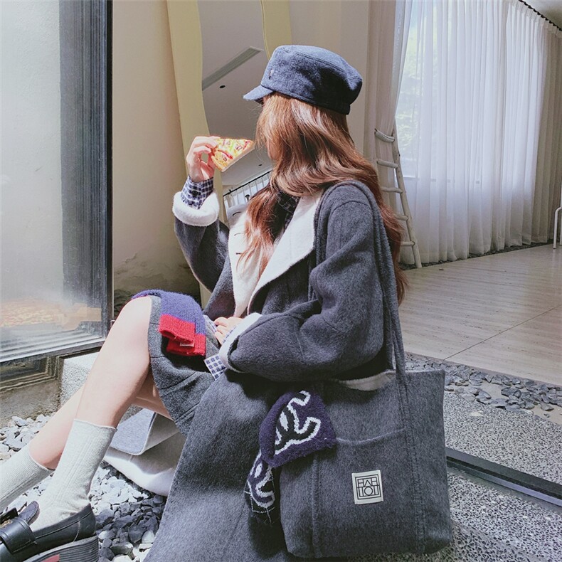 灰色拼色双面羊毛大衣女2025秋冬新款韩版chic学院风长款毛呢外套,女装毛呢外套,2C137