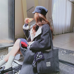 灰色拼色双面羊毛大衣女2025秋冬新款韩版chic学院风长款毛呢外套图片
