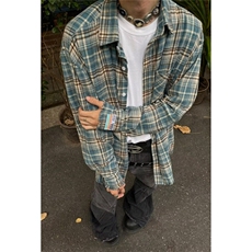 蓝色格子衬衫男美式复古格纹长袖衬衣痞帅休闲外套C2250，男装衬衫，星座1116A（原606A-3）