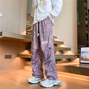 特P40控78扎染灯芯绒美式刺绣大码宽松直筒休闲长裤子100聚酯K405图片