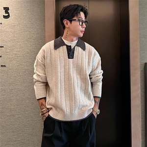 老钱风假两件撞色POLO领毛衣百搭慵懒风潮男翻领高智感针织毛衫男图片