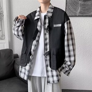 假两件衬衫男长袖春秋潮牌ins格子拼接工装衬衣LC17P45图片