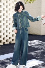 新中式复古盘扣牛仔套装女2025春秋新款印花改良唐装阔腿裤两件套，女装套装/套裙，欣品汇