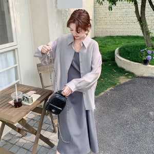 慵懒风灰色衬衫吊带裙套装女夏防晒两件套高级感223-1359P145K198图片