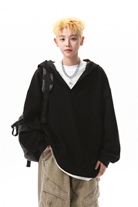 8XL-M叠穿假两件卫衣重磅连帽V领拼接套头衫宽松大码外套WY006P65图片