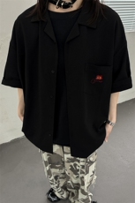 港风中性夏季新款刺绣花短袖衬衫男女装情侣冰丝半袖衬衣S313P48，男装T恤，电商A233-1