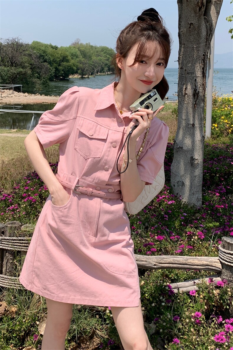 时尚粉色短款工装连衣裙收腰显瘦小个子甜美减龄气质洋气短裙女夏,女装连衣裙,浙宝192（原082）
