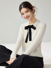 学院风POLO领蝴蝶结领结山羊绒开衫女长袖拉链毛衣外套减龄上衣潮，女装针织衫/毛衣，暖绒情旗舰店