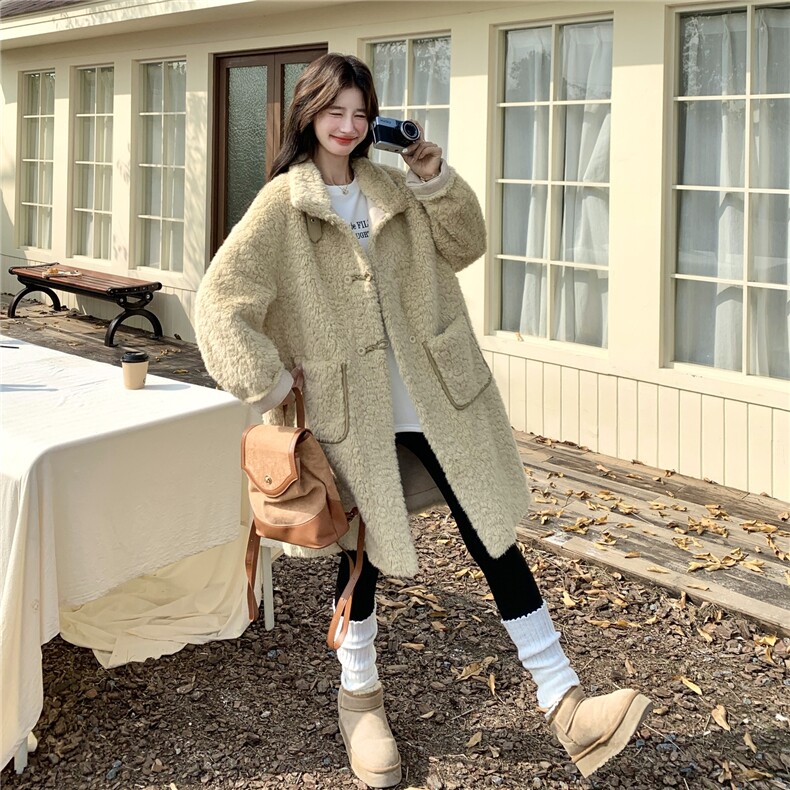 黄色羊羔毛厚外套女秋冬2025新款韩系宽松中长款皮毛一体毛绒大衣,女装皮草,2C159