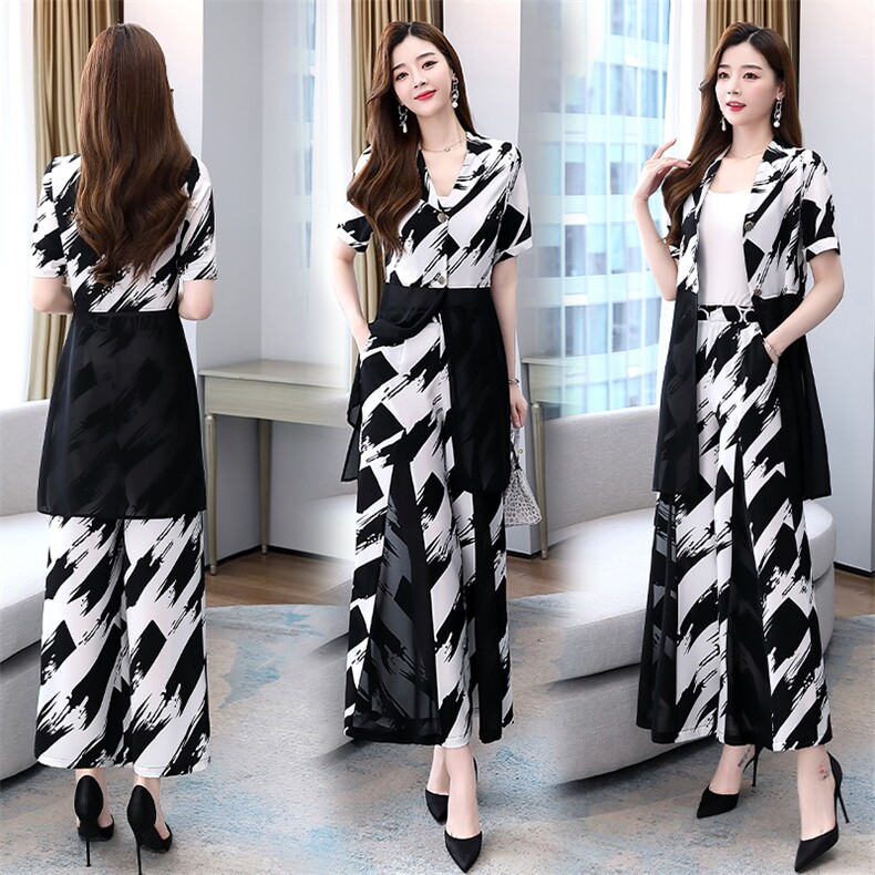 undefined2023年夏季气质西装领阔腿印花时尚两件套套装，女装套装/套裙，时尚俏佳人