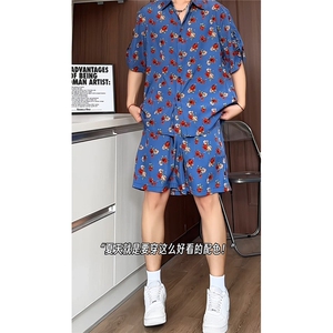 短袖衬衫男+短裤男套装男100%聚酯纤维M-5XL大码TZ78702P50控98图片