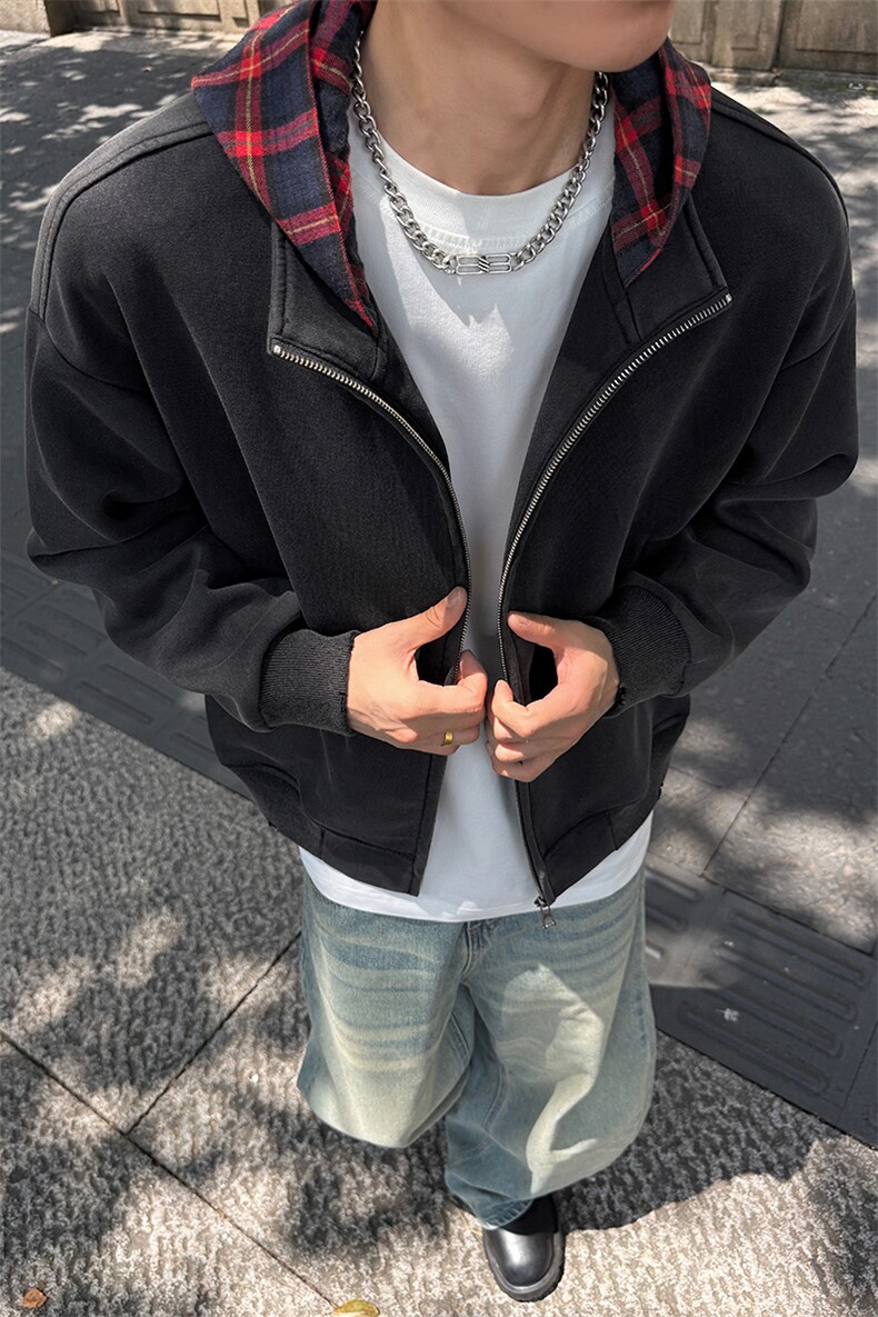 高克重420g水洗棉假两件美式格子连帽夹克外套男J5253-特P85控158,男装夹克,电商A001