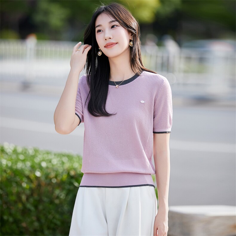 撞色圆领冰丝针织短袖T恤女2025夏季轻薄透气宽松显瘦上衣小衫t恤,针织衫/毛衣,昭美羊绒