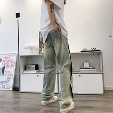 美式潮高街黄泥水洗牛仔裤男直筒宽松拼接休闲长裤N0724-P55，男装牛仔裤，星座308B-1