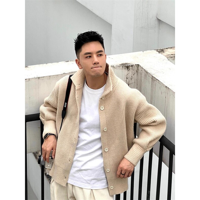 条纹翻领开衫毛衣男士秋款韩版宽松设计感小众针织衫上衣 M2347图片
