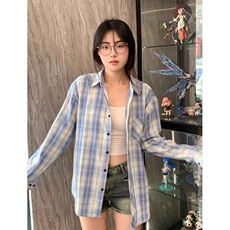 TC589-P45复古格子衬衫情侣新款潮牌长袖衬衣宽松休闲百搭上衣，女装衬衫，星座617A-2