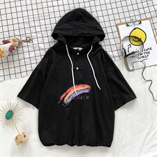 LD54126-P45 连帽短袖t恤男大码胖子带帽五分袖中袖图片