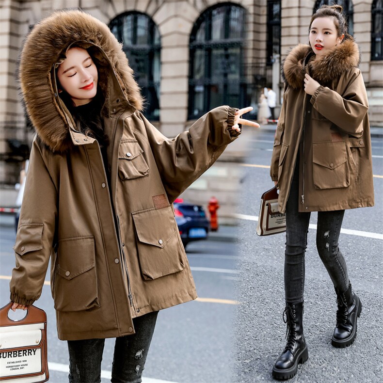 棉衣/棉服2021新款冬仿羊羔毛中长款工装带帽派克服女外套，女装派克服，瑶迪依秀