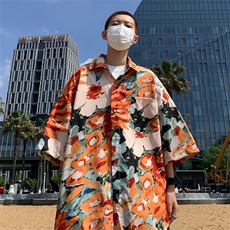花衬衫男士夏季短袖宽松沙滩薄款衬衣港风复古休闲潮流外套~S2210，男装衬衫，星座601-2