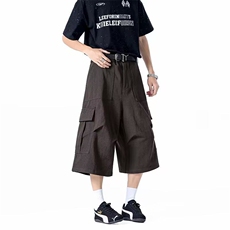 美式大口袋工装七分裤男女夏季潮牌宽松褶皱阔腿短裤子K6277-P40，男装牛仔裤，星座412-3