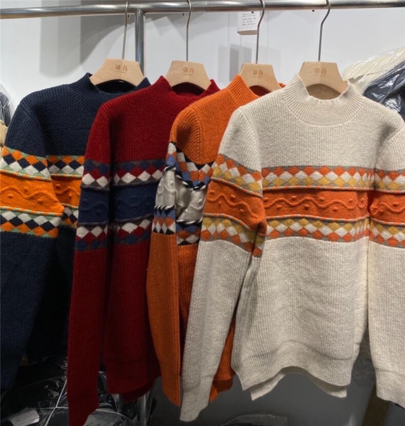 菱形拼色毛衣，女装针织衫/毛衣，驿谷