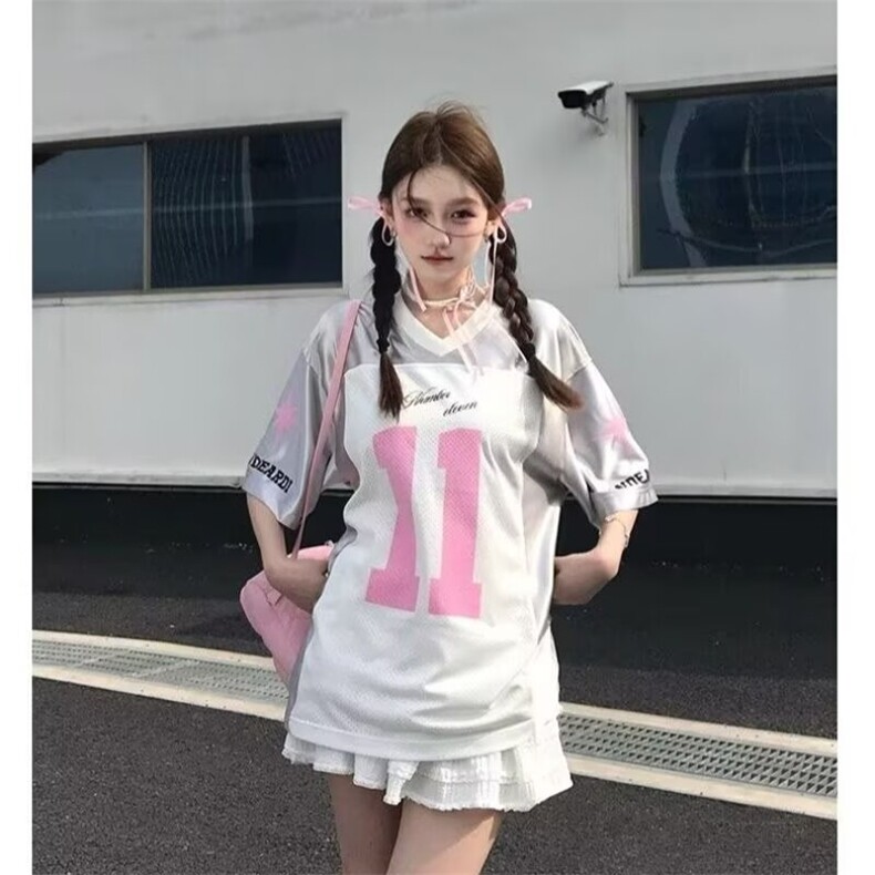 美式高街t恤男女夏季银色网纱拼接字母球衣缎面V领上衣潮STX400,男装T恤,星座208-5