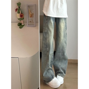 美式水洗做旧工装牛仔裤男女ins潮牌设计感休闲裤痞帅直筒阔腿裤图片