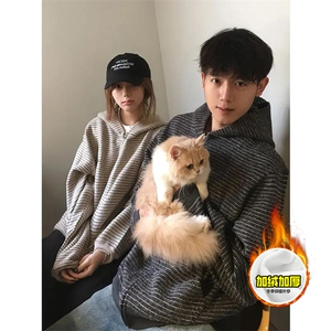 480G重磅加绒硬挺boxy 男女秋冬美式高街条纹毛呢卫衣开衫厚外套图片