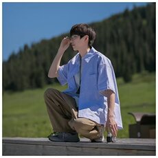 日系条纹衬衫男生夏季宽松大码薄款外套CityBoy潮牌休闲短袖衬衣，男装衬衫，星座1210-1