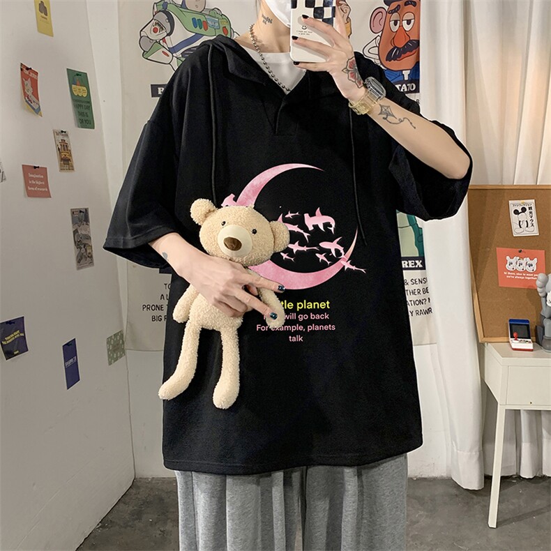 LD54209-P45连帽短袖t恤男大码胖子带帽五分袖中袖海报风,男装T恤,电商A040