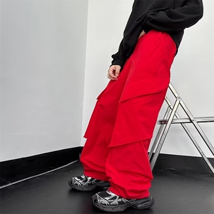 美街头机能红色工装裤男女潮牌高街多口袋阔腿宽松长裤EK65-P35图片
