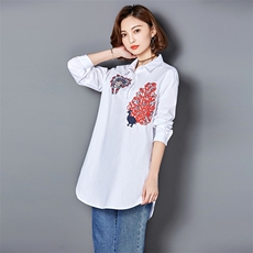 印花POLO领长袖修身宽松纯色2021年秋季衬衫，女装衬衫，深水步