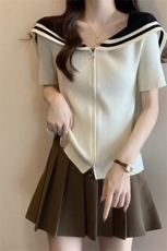 夏季时尚百搭显瘦冰丝亚麻海军领拉链开衫短袖，女装T恤，暖姿羊绒