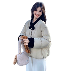 韩版撞色拼接羽绒服女短款冬季新款宽松显瘦面包服白鸭绒保暖外套，女装羽绒服，2C159