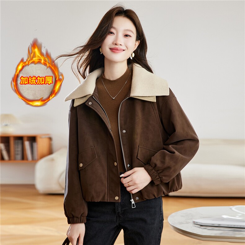 复古咖色加绒加厚鹿皮绒外套女2025秋冬新款洋气减龄针织翻领棉服，女装棉衣/棉服，慕咨