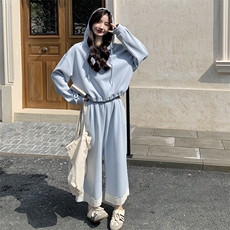 蓝色减龄连帽卫衣套装女2025春新款韩系设计感小个子阔腿裤两件套，女装套装/套裙，2C129