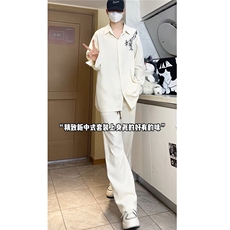 新中式风翻领长袖衬衫秋装复古竹子绣花长裤套装TZ909-特P70，男装衬衫，电商A006
