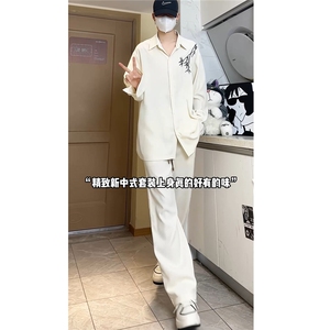 新中式风翻领长袖衬衫秋装复古竹子绣花长裤套装 TZ909-特P70图片