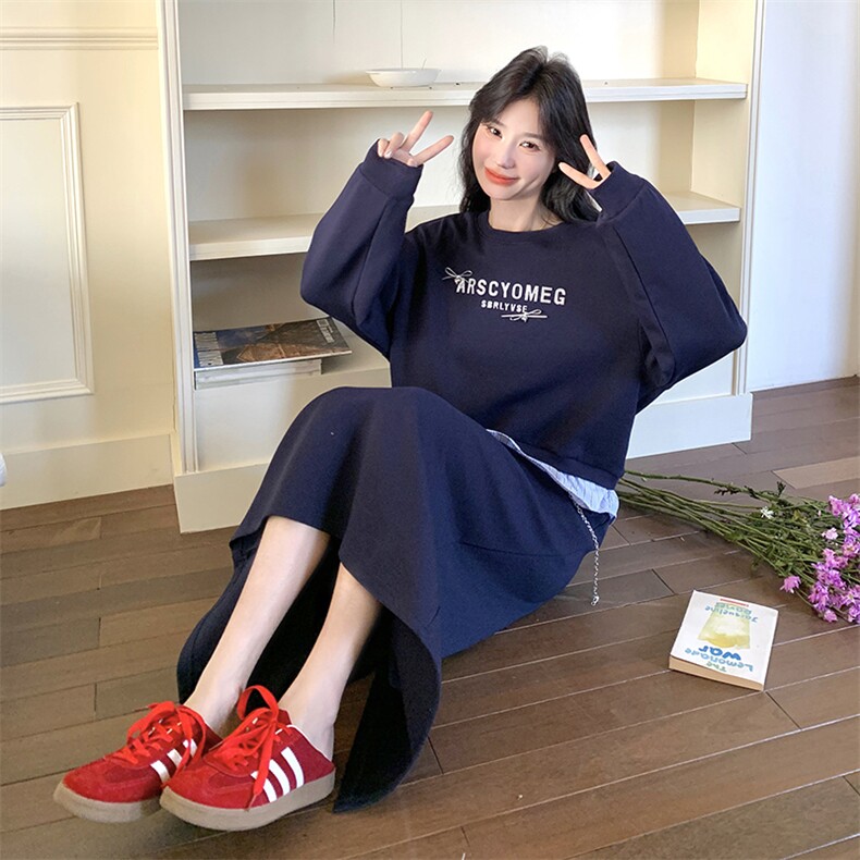 藏青色卫衣套装裙女春2025新款韩版印花长袖上衣A字半身裙两件套,女装套装/套裙,浙宝220