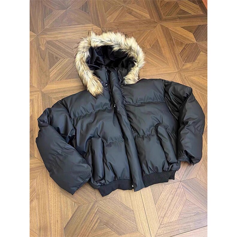 现货三防重磅硬挺boxy短款羽绒棉衣座山雕大毛毛领PU皮棉服外套冬,男装棉衣,电商A486-1