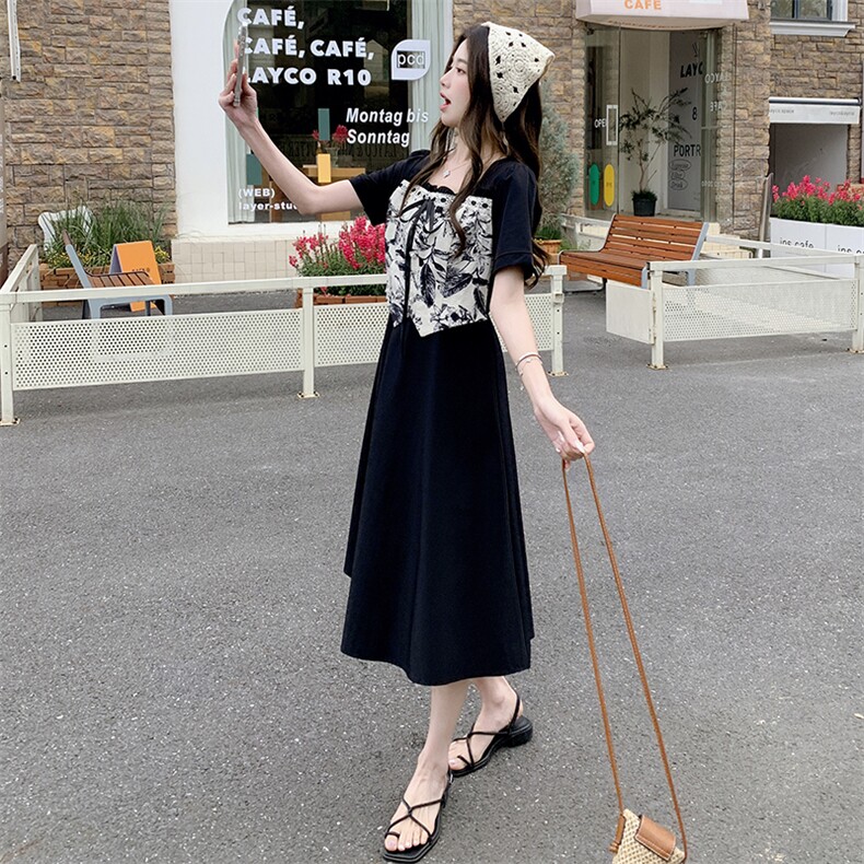 【现货】夏装新款时尚气质优雅显瘦系带水墨画拼色连衣裙,女装连衣裙,先锋丽姿