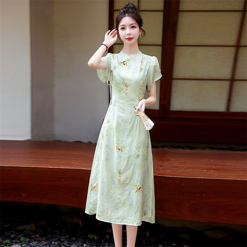 适合高考生妈妈穿的旗袍旗开得胜中考送考衣服绿色旗袍宽松款夏季,女装连衣裙,蓝诺裳