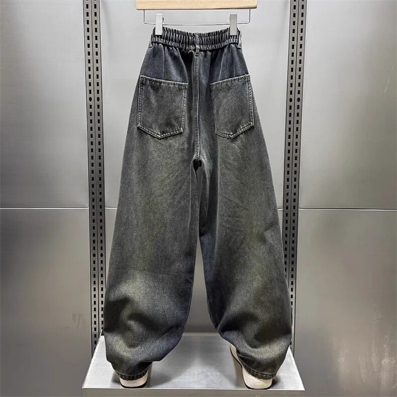 潮牌牛仔裤男美式宽松抽绳直筒休闲长裤KT1231常规P50加绒P58,男装牛仔裤,四季星座505
