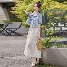 蓝色翻领短袖牛仔外套吊带连衣裙女2025夏季新款休闲裙，女装连衣裙，靓星雨