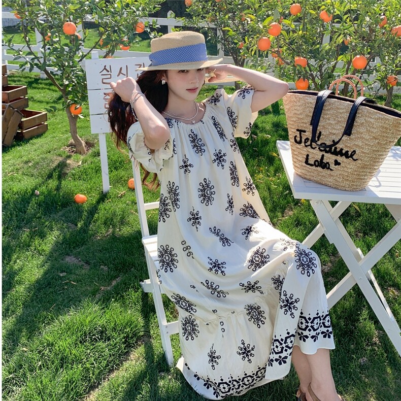 法式宽松显瘦一字领连衣裙女夏2025新款流行爆款大方得体超火长裙,女装连衣裙,2C261