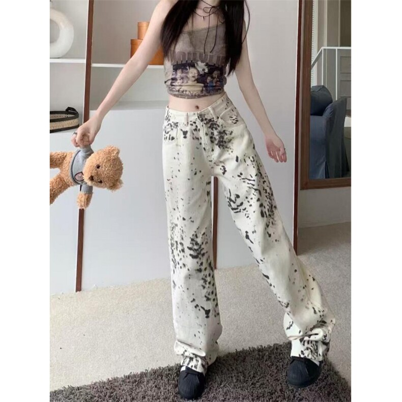 豹纹直筒阔腿牛仔裤女2025秋季新款潮流休闲宽松百搭高腰拖地裤子图片