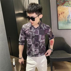 312A-102-P55 新款社会小伙中袖衬衫韩版潮流男士五分袖衬衣B图片