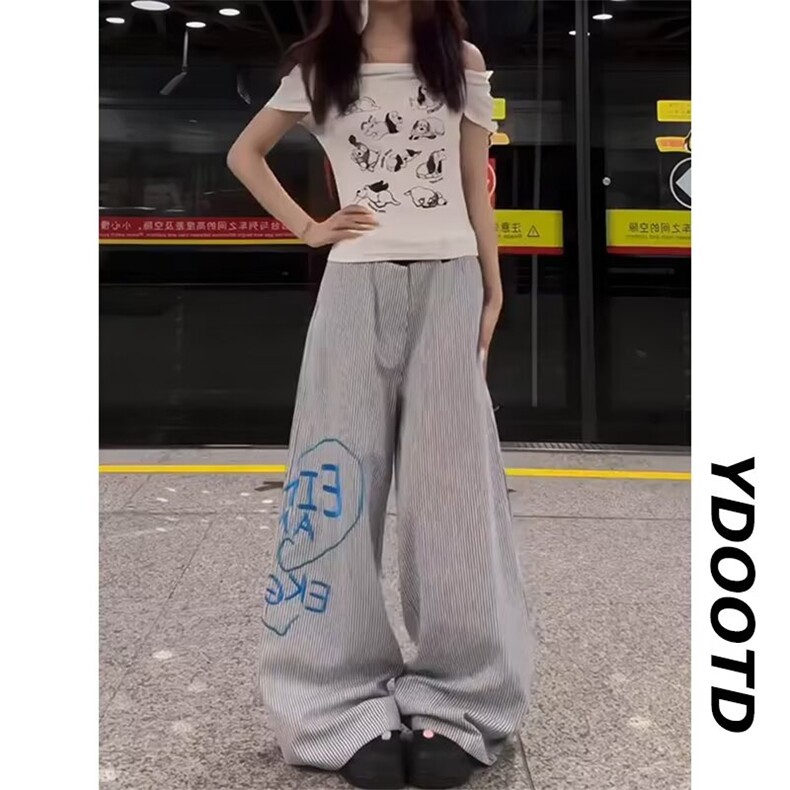 美式条纹工装裤男女秋季新款弯刀休闲运动裤垂感拖地宽松阔腿裤图片