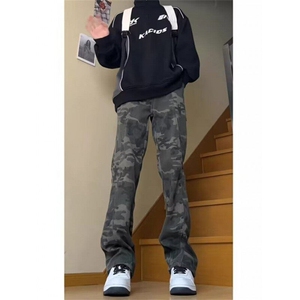现货 美式高街迷彩牛仔裤男潮牌痞帅宽松直筒休闲长裤WL17066-p48图片
