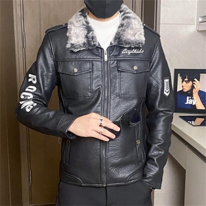 PY119-P180修身皮衣外套男新款男士皮衣外套飞行服夹克加绒保暖图片